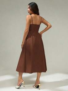Vestido de verano elegante y estiloso de unicolor con tirantes de espagueti - Marrón - Ver 3