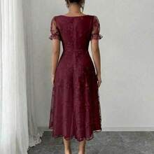 Women's Floral Embroidered Mesh Petal Sleeve Elegant Dress - Burdeos - Ver 3