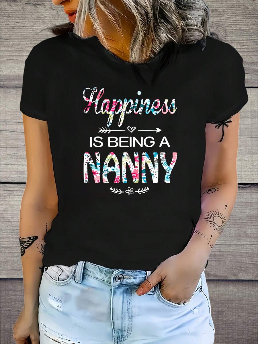 Talla grande,  de moda de verano, camiseta casual de manga corta y cuello redondo con estampado de letras para mujer para el Día de la Madre, camiseta casual de talla grande con estampado cómoda para primavera y verano, top de manga corta y cuello redondo con estampado - Negro - Ver 1