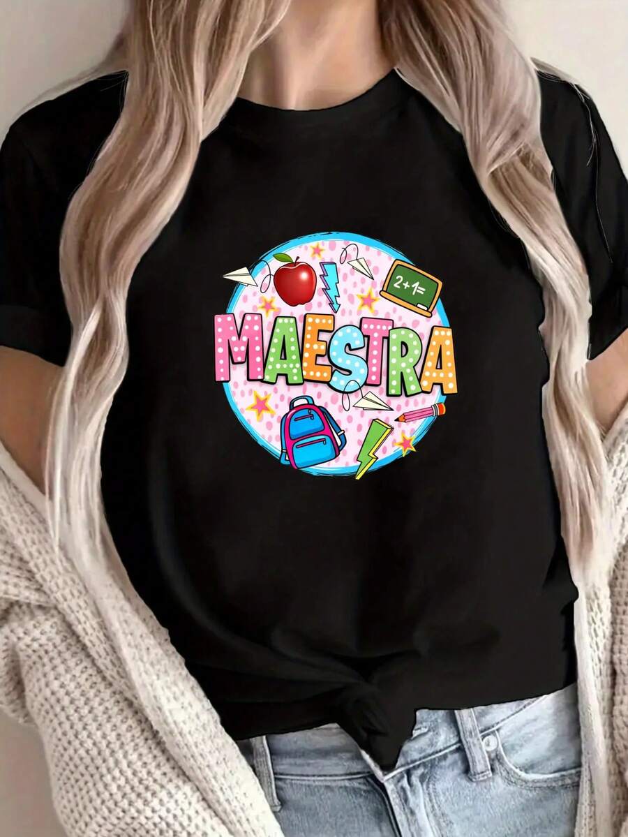 Camiseta Casual de Manga Corta para Mujer con Estampado MAESTRA, Símbolos Educativos Coloridos y Patrones Geométricos - Top de Cuello Redondo Transpirable para Atuendo casual, Lavable a Máquina, Camisas de Señoras, Confort Todo el Año, Diseño Divertido, M - Negro - Ver 1