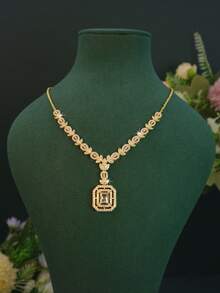 5pcs 18K Gold-Plated Elegant & Exquisite Series, Square Pendant Design Bridal Wedding Jewelry Set, Handset White Cubic Zirconia, Including Necklace, Bracelet, Earrings, Ring, Suitable For Daily Wear, Wedding, Gift For Friends - Square Design - White Diamond - View 5