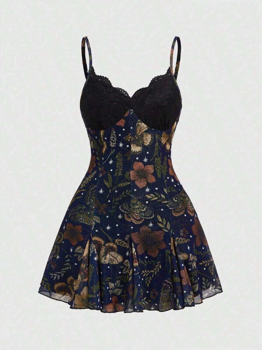 ROMWE Fairycore Vestido mini con tirantes finos, de corte holgado, con estampado floral bohemio, romántico y gótico para mujeres - Azul marino - Ver 1