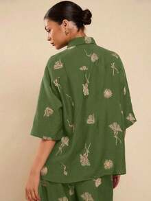 Camisa de lino negra de manga corta con bordado para mujer, camisa bordada casual, camisa negra de manga corta, camisa negra, camisa de vacaciones - Verde - Ver 3