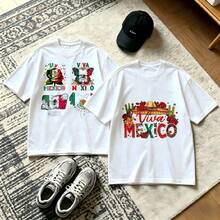 2-Piece Couple Matching Pattern T-Shirt, 100% Cotton, Loose Fit, Soft And Breathable, Casual Round Neck Short Sleeved Top Viva Mexico Rose Flag Map Sombrero Maracas Versatile Patterns No Picky Combinations Coordinated Dating Casual Travel Simple And Cartoonish Printing Styles High Cost-Effectiveness - 白色 - 查看 1
