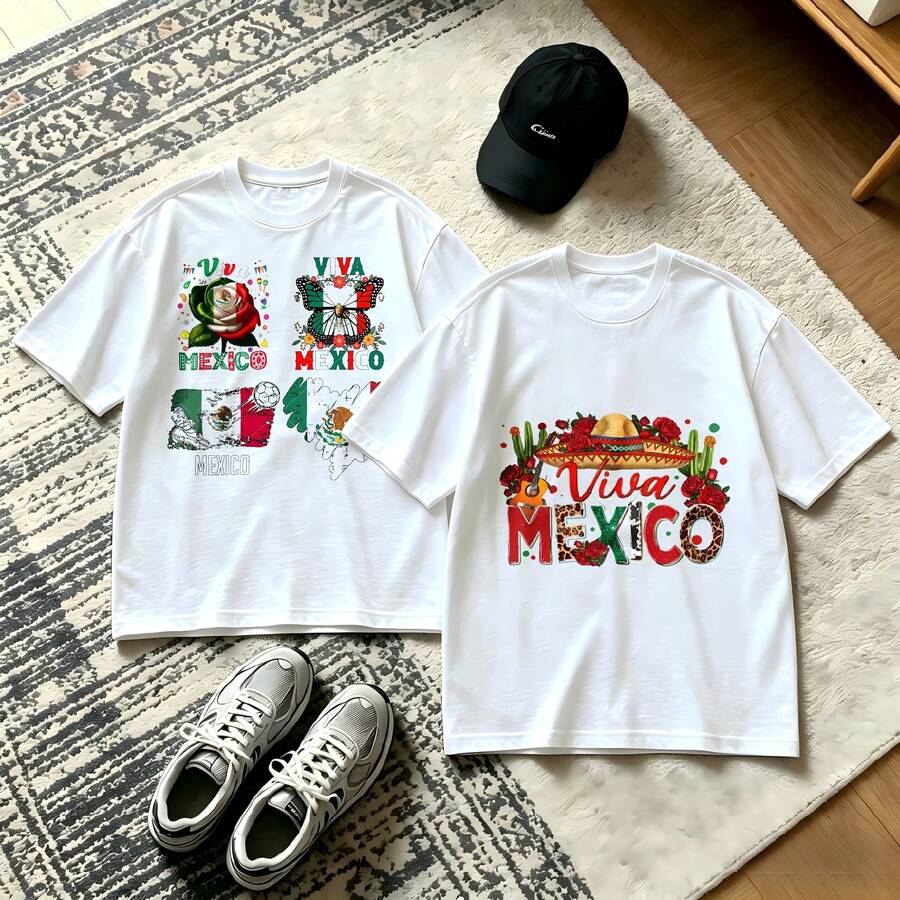 2-Piece Couple Matching Pattern T-Shirt, 100% Cotton, Loose Fit, Soft And Breathable, Casual Round Neck Short Sleeved Top Viva Mexico Rose Flag Map Sombrero Maracas Versatile Patterns No Picky Combinations Coordinated Dating Casual Travel Simple And Cartoonish Printing Styles High Cost-Effectiveness - 白色 - 查看 1