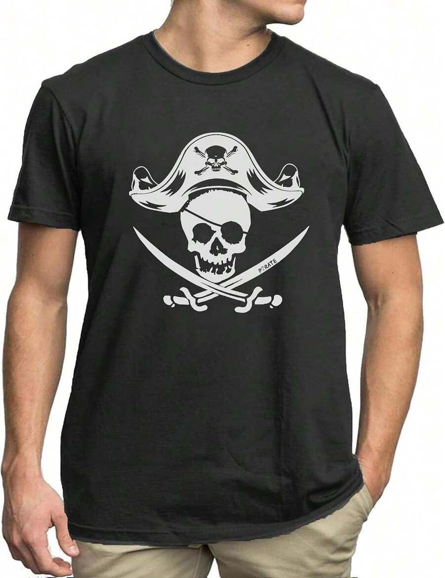 Camiseta de Pirata para Hombre, Camiseta con Esqueleto y Calaveras con Huesos Cruzados, Camiseta de Manga Corta para Viajes Familiares Q32W - Negro - Ver 1