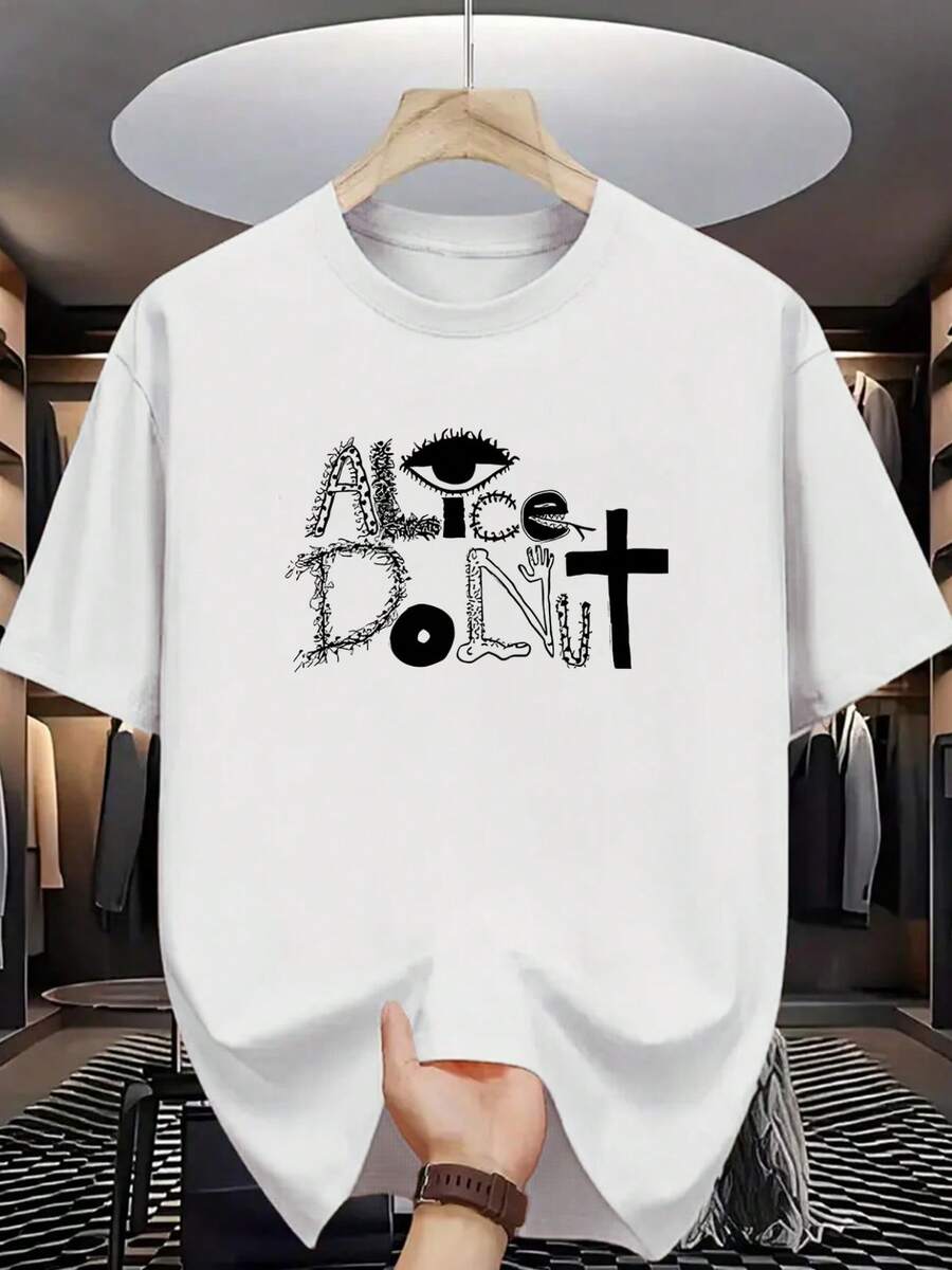 Camiseta Casual para Hombre Alice Donut con Estampado - Impresión Audaz de "Alice Donut" con Ojos y Diseño de Cruz, Top de Verano de Manga Corta con Cuello Redondo, Lavable a Máquina para Uso Diario - Blanco - Ver 1