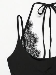 DEEKA Summer New Women's Fashion Sexy Interactive Lace Halter Bodysuits Black Elegant - màu đen - Xem 5