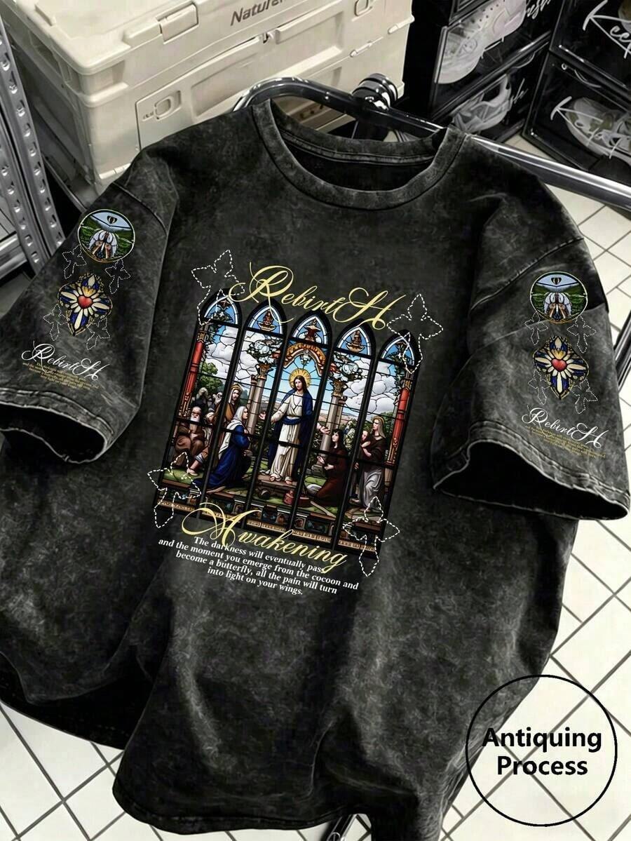 Camiseta de manga corta para mujer, estilo retro americano vintage, con estampado de bloques de color y rayas, suave, cómoda, holgada, informal, ideal para reuniones de fin de semana en verano, cafeterías, paseos por la ciudad y desplazamientos diarios, color rosa. - Ceniza lavada - Ver 1
