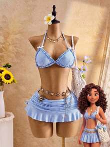 Conjunto de traje de baño de 3 piezas para mujer con parte superior de bikini con escote en V, tirantes y volantes, Bottom triangular y falda, para el verano - Azul y blanco - Ver 7