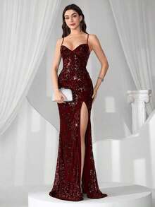Vestido de noche con abertura alta en el muslo, con lentejuelas y diseño de patchwork, con espalda descubierta y silueta de sirena para mujer - Burdeos - Ver 5