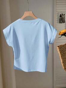 Camiseta de manga corta de cuello redondo de color liso casual de verano - Celeste - Ver 2