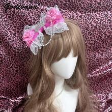 Original Gauze Lace Princess Crown Gal Style Hair Accessories Lolita Women's Cos Headwear Flower Bow Hair Clips - Hồng Đỏ Đen - Xem 5