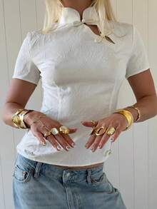 Blusa Mujer Estilo Chino Cuello Mao con Botones Manga Corta Ajuste a la Cintura Elegante Oficina Verano Y2K - Blanco marfil - Ver 2
