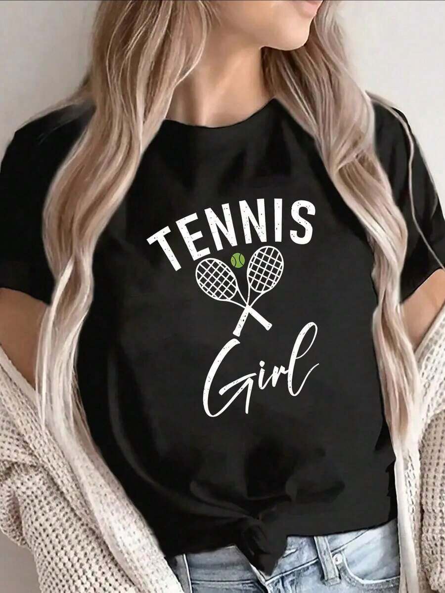 ropa de mujer Camiseta de tenis para mujer, con un estilo deportivo casual y un estampado de raquetas cruzadas y una pelota, ligera y transpirable, ideal para el gimnasio, la práctica o el uso diario, estampado blanco sobre el material, diseño de manga corta, camisas de mujer