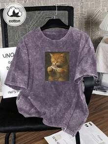 Camiseta de manga corta con estampado de gato interesante, top de diseño exclusivo y lindo, camiseta para mujer de talla grande, camiseta de algodón lavado, ropa casual de talla grande para mujer, tela con estampado de copos de nieve, top casual de cuello redondo cómodo de talla grande, camiseta vintage desgastada, ropa de mujer de talla grande, ropa de primavera/verano - morado medio - Ver 5