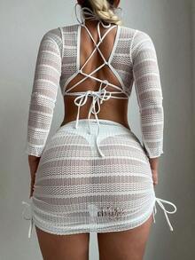 Swim Conjunto de bikini de unicolor con parte superior y falda de cobertura, con escote halter y lazos, para mujer en verano - Blanco - Ver 6