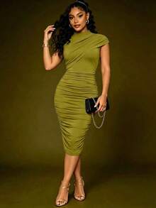 Vestido ajustado de unicolor con pliegues elegante para uso diario de mujer - verde aguacate - Ver 5
