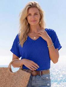 Blusa informal de unicolor con mangas de murciélago para vacaciones, blusas de manga corta para mujer - azul real - Ver 3
