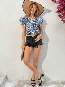 Blusa de verano con cuello redondo, de doble capa y mangas cortas, con estampado de cebra.Parte superior de verano casual con estampado animal.Blusa de manga corta linda y de corta duración para mujer. - Azul y blanco - Ver 6