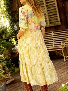 Đầm chữ A tay ngắn in họa tiết Paisley thanh lịch dành cho nữ, đầm sơ mi tay lửng cổ bẻ cài một hàng khuy có túi, thiết kế nhiều lớp, phong cách boho retro giản dị, đầm dự tiệc duyên dáng; đầm mùa hè đi nghỉ mát - màu xanh lá - Xem 2