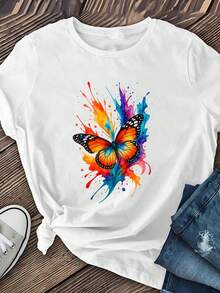 Short-Sleeved T-Shirt With A Fun "Artistic And Colorful Butterfly" Print, Made Of Soft And Breathable Polyester Fiber, Medium Elasticity, Machine Washable, Modern Style, New Model, Women's Summer Clothing. - 白色 - 查看 3