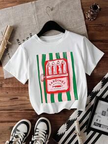 Camiseta casual coreana de manga corta, versátil, de color sólido, con diseño gráfico. - Blanco - Ver 7