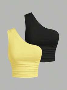 Blusa de un hombro de punto en tonos negro y beis para mujer - amarillo ganso - Ver 1