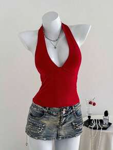 Top de tanque de vacaciones sin espalda de unicolor con cuello en V para mujeres, se puede usar como un collar colgante - Rojo - Ver 5