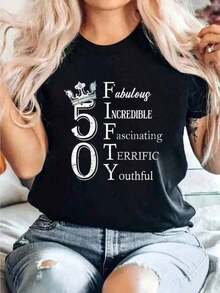 Cotton Graphic T-Shirt, Plus Size, Fabulous 50th Birthday T-Shirt, 50 Years, Birthday Queen, Y2K, Men's Oversized T-Shirt, Summer Tops Y2Y - Women's Clothing - 黑色 - 查看 7