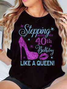 Women's Crew Neck T-Shirt With Sparkly High Heel And "40th Birthday Queen" Print, Casual Celebration Top - 黑色 - 查看 6
