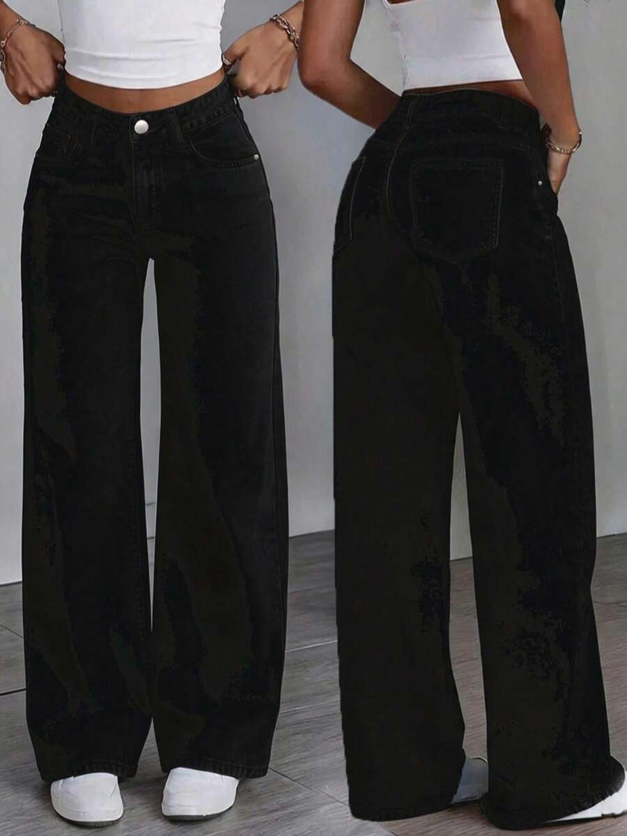 青少年女孩黑色休閒貓鬚直筒牛仔褲 - 黑色 - 查看 1