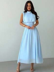 elegante de cuello alto y cintura ceñida con silueta evasé para mujer, vestido de verano, ropa de primavera/verano, atuendo de playa, para ir al trabajo, elegante, sexy, vacaciones, playa, bohemio, Hawái, festival de música, romántico, cit - Azul - Ver 3