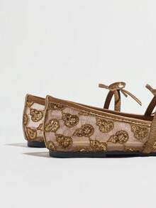 Plus Size Women's Mesh Bow Flat Loafers, Brown Pointed Toe Sequin Hollow Butterfly Pattern Breathable Versatile Ballet Shoes, Slip-On Dress Shoes For Summer - Brown - View 9