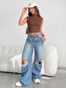 Camiseta de tirantes arrugada con cuello de embudo, conjunto de ropa de verano - Café integral - Ver 4