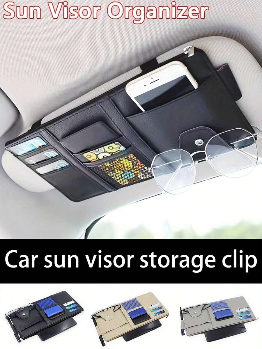 Multi-Functional Car Sun Visor Storage Clip, Universal Car Sun Visor Storage Rack - Multi-Pocket Zipper Storage Bag, Can Store Credit Cards, Driving License, Glasses, Etc., Suitable For All Cars, Trucks, SUVs, Car Storage Accessories - A - View 1