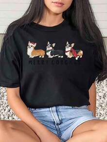 1 Piece Women's T-Shirt With Corgi Dog Print "Merry Corgmas" For Christmas, Casual, Round Neck, Short Sleeve, Soft And Comfortable, 220Gsm180g, 100% Cotton - 黑色 - 查看 1