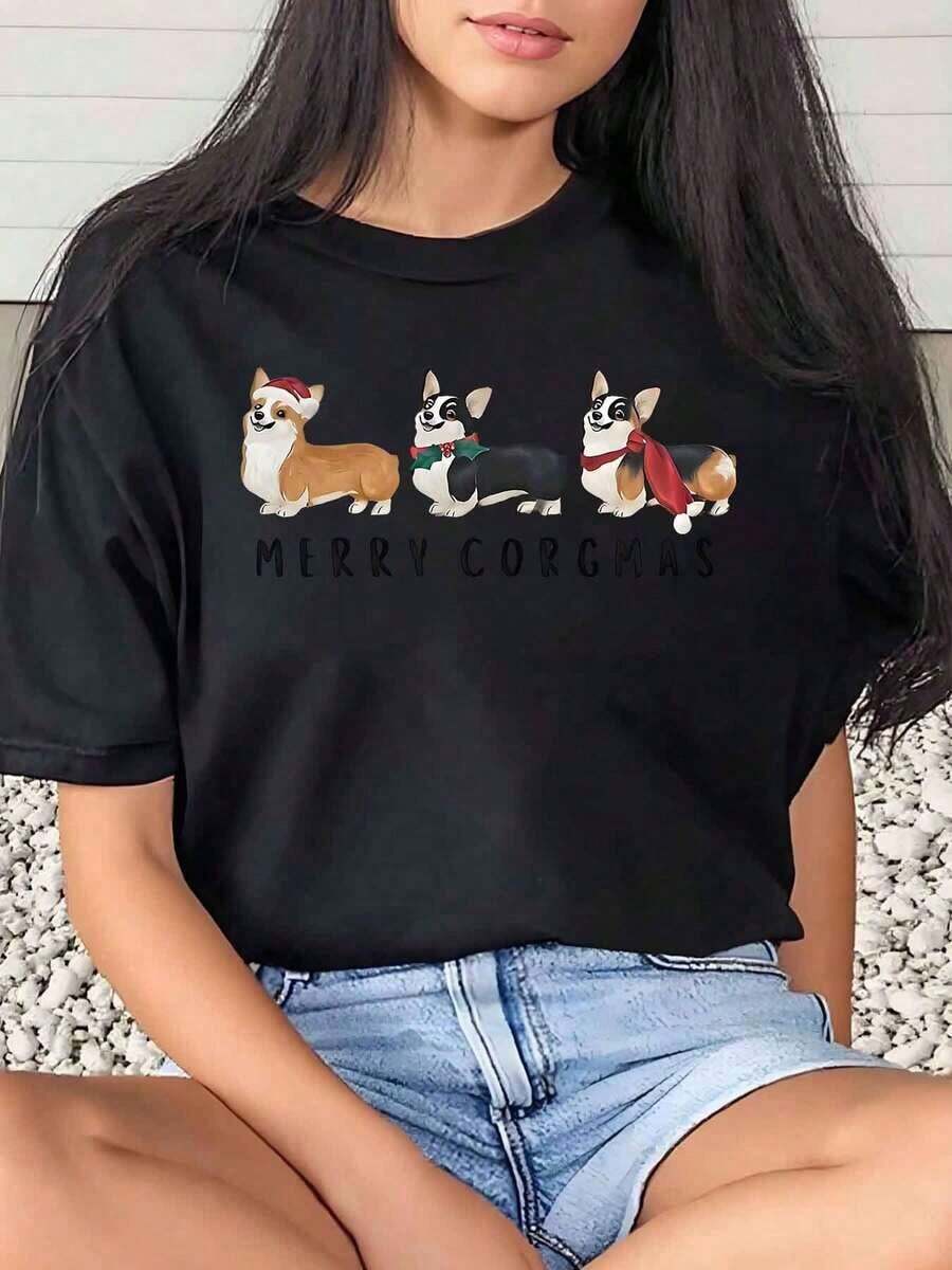 1 Piece Women's T-Shirt With Corgi Dog Print "Merry Corgmas" For Christmas, Casual, Round Neck, Short Sleeve, Soft And Comfortable, 220Gsm180g, 100% Cotton - 黑色 - 查看 1