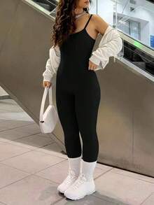 Mono combinado y ceñido de mujer de unicolor, adecuado para el verano - Negro 2 - Ver 3
