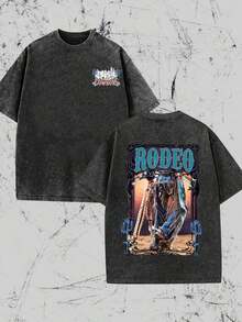 COWBOYS, Western Cowboy Style T-Shirt, Competitive Cowboy Atmosphere, Vintage "RODEO" Texture, Western Landscape Elements, Creative T-Shirt…Retro Loose Fit T-Shirt, Casual Style Men's T-Shirt, Machine Washable And Hand Washable; T-Shirt With Modern Design, Durable And Comfortable Fabric, Urban Style, A Must-Have For Street Style Enthusiasts, High-Quality Sportswear, Suitable For Daily Wear, Dates, Casual Combinations, Ideal For Holiday Gifts, The First Choice For Gifts. - 黑色 - 查看 1