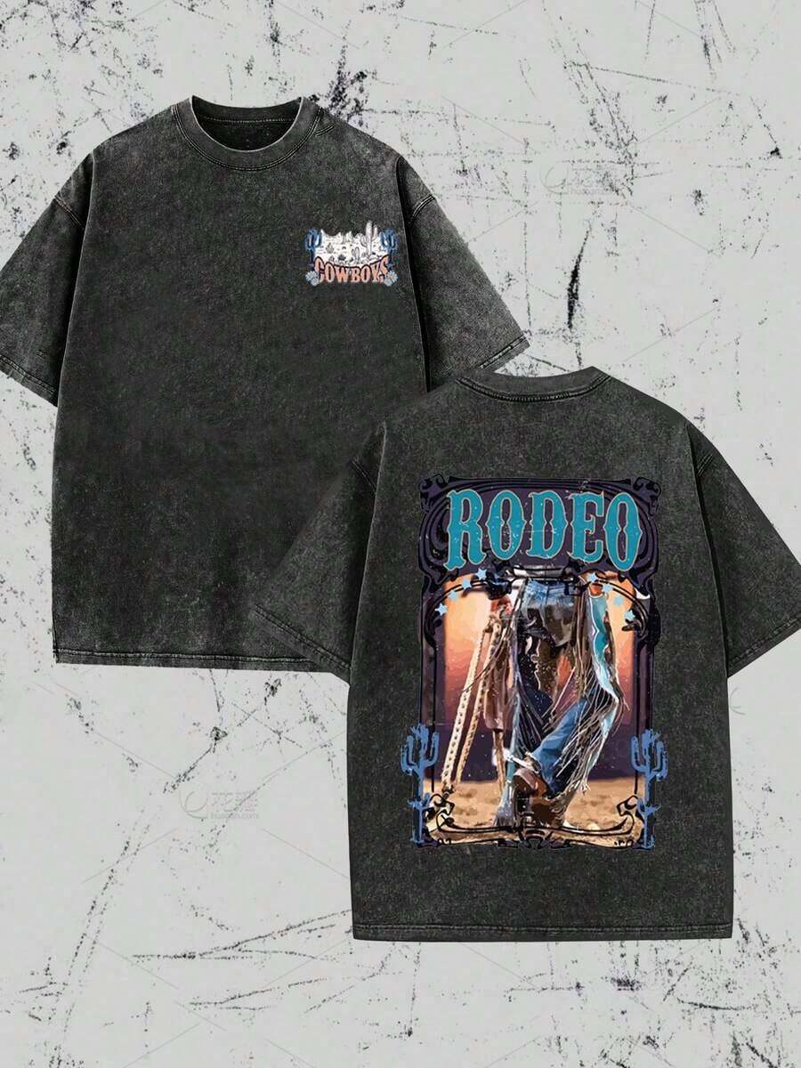 COWBOYS, Western Cowboy Style T-Shirt, Competitive Cowboy Atmosphere, Vintage "RODEO" Texture, Western Landscape Elements, Creative T-Shirt…Retro Loose Fit T-Shirt, Casual Style Men's T-Shirt, Machine Washable And Hand Washable; T-Shirt With Modern Design, Durable And Comfortable Fabric, Urban Style, A Must-Have For Street Style Enthusiasts, High-Quality Sportswear, Suitable For Daily Wear, Dates, Casual Combinations, Ideal For Holiday Gifts, The First Choice For Gifts. - 黑色 - 查看 1