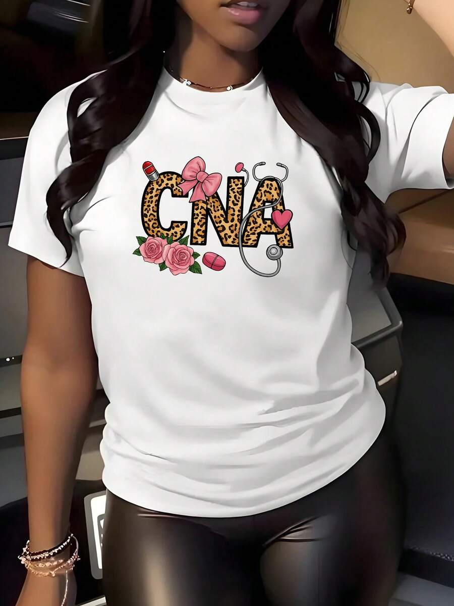 Women's Casual Short Sleeve T-Shirt - Nursing Theme Print, Colorful Design, Soft And Stretchy Fabric, Round Neck, Machine Washable, Comfortable For All Seasons, Summer Top, Modern Style, Non-See-Through Material - 白色 - 查看 1