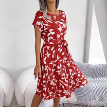Vestido largo plisado de manga corta para mujer, de cintura alta vestido elegante, moda Floral, línea A, primavera y verano - Verde militar - Ver 12