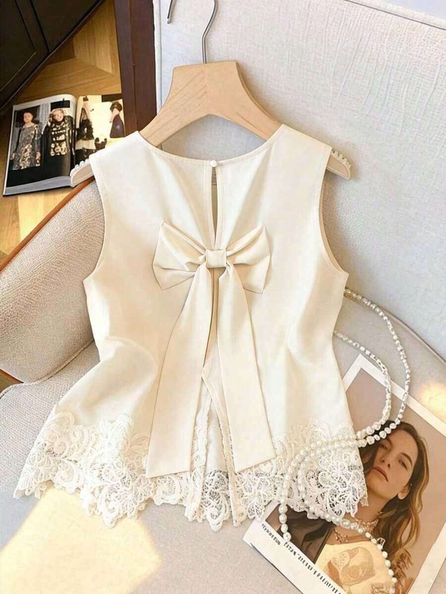 Blusa minimalista versátil para mujer con lazo, de gasa negra y sin mangas, en color albaricoque, nuevos lanzamientos de primavera/verano de estilo elegante francés - Albaricoque - Ver 1