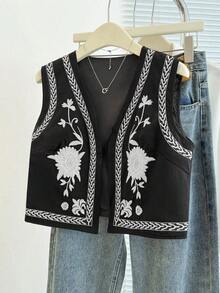 Chaqueta sin mangas con bordado floral para mujer - Negro - Ver 3