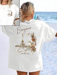 Golden Flowers Adorn A Bicycle In Front Of The Eiffel Tower, With The Word "Bonjour" Evoking The Joy Of Exploring Paris On A Sunny Day. Women's Double-Print T-Shirt, Casual, Modern, And Elegant For Summer. - 白色 - 查看 1