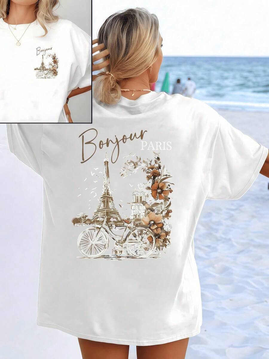 Golden Flowers Adorn A Bicycle In Front Of The Eiffel Tower, With The Word "Bonjour" Evoking The Joy Of Exploring Paris On A Sunny Day. Women's Double-Print T-Shirt, Casual, Modern, And Elegant For Summer. - 白色 - 查看 1