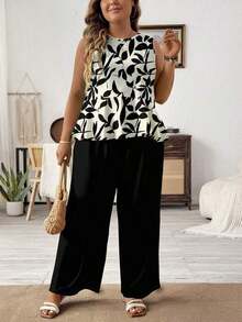 LUNE Conjunto de 2 Piezas para Mujer Talla Grande, Camisola de Verano de Color Sólido con Cuello Redondo y Volantes en el Bajo y Pantalón de Pierna Ancha Holgado - Multicolor 4 - Ver 6