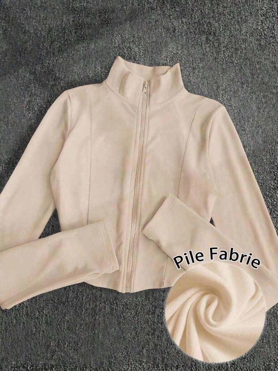 Chaqueta ligera con estampado floral de forro polar para mujer, estilo casual de calle con cremallera, ajuste delgado de manga larga, otoño - Albaricoque - Ver 1