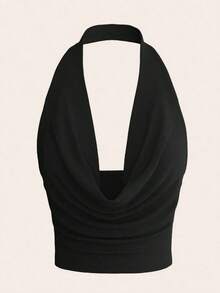 Top halter corto y sexy sin espalda de unicolor con cuello drapeado sin mangas para mujer, estilo Y2K para salir en verano - Negro - Ver 1